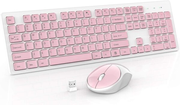 RATEL Wireless Keyboard Mouse Combo, 2.4GHz Slim Full-Sized Silent Wireless Keyboard and Mouse Combo with USB Nano Receiver for Laptop, PC (Pink)