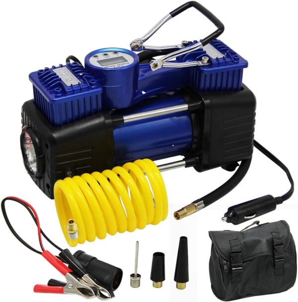 FORUP Dual Cylinder Air Compressor Pump, Heavy Duty Portable Air Pump, 150 PSI, LCD Backlit Digital Display, Auto 12 V Tire Inflator for Car, Truck, RV, Bicycle and Other Inflatables