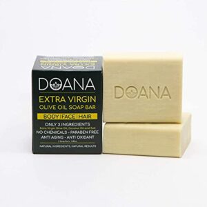 DOANA Olive Oil Soap Bar, 250gr / 8oz. Unscented, Artisan Cold Processed With Coconut Oil, Facial & Body Cleansing (2 Bars). Only 3 Ingredients