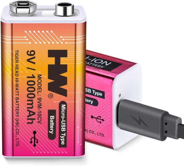 HW 9V Li-ion Rechargeable Battery, 9 Volt/1000mAh(9000 mWh) Long Lasting Rechargeable Batteries with Micro-USB, 1000 Cycles Charge, 1.5 Hrs Fast Charging, LED Indicator, 1 Pack